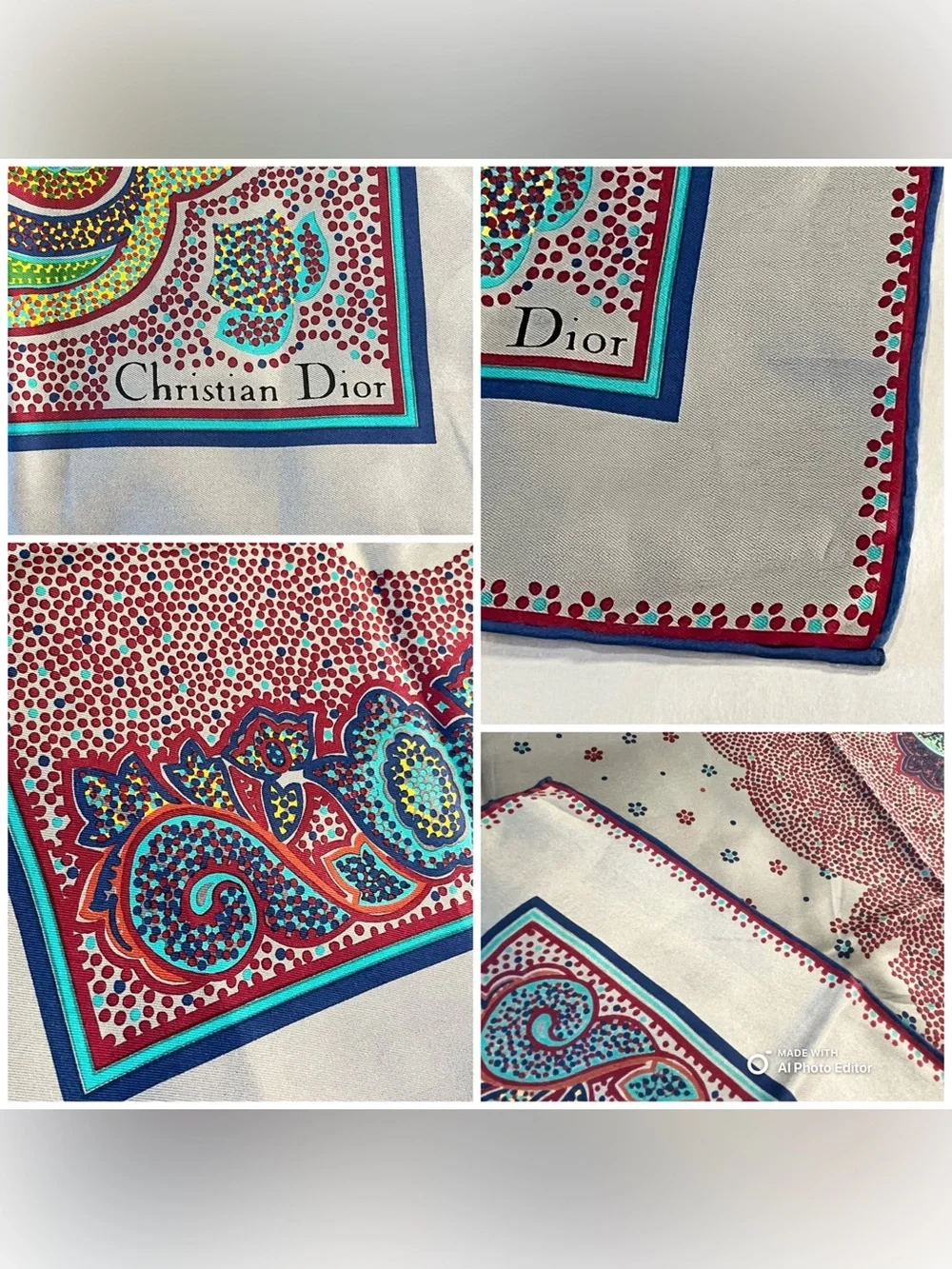 Christian Dior Vintage Silk Scarf Grey Paisley Floral Hand Rolled 30 Square